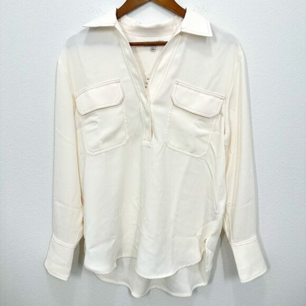 Madewell Women's Size Medium Contrast-Stitch Popover Shirt Cream Classic Preppy